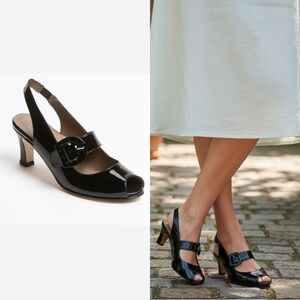 Anyi Lu | Tulip Slingback Shoes Black Patent Leather Peep Toe Mary Jane Heel 7.5